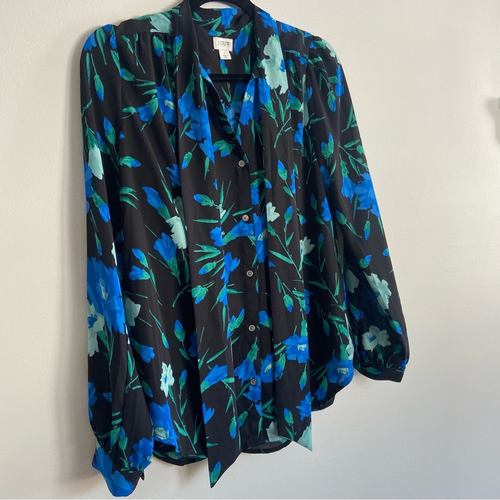 Silky Black and Blue Button Up Blouse with a Necktie